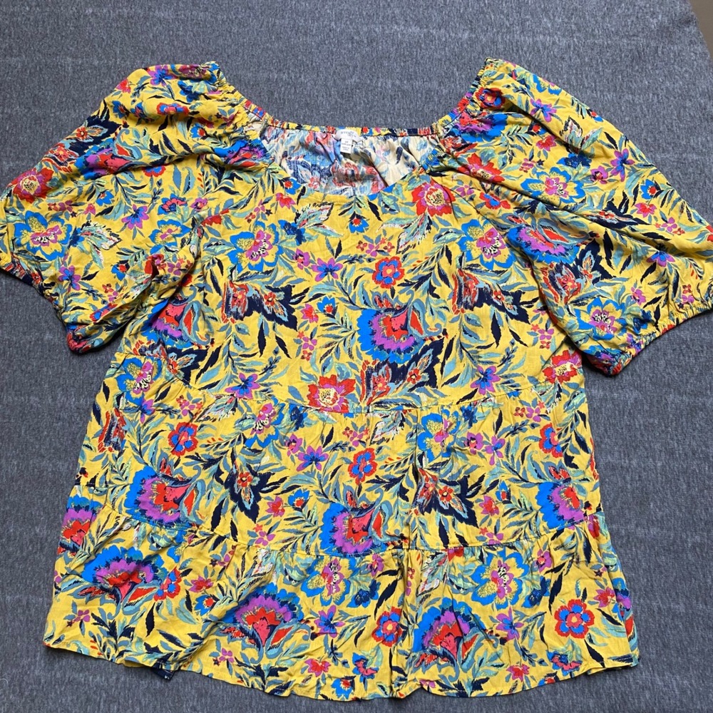 Terra & Sky Yellow Floral Tiered Babydoll Top Puff Sleeve 2X 20W-22W Plus Boho